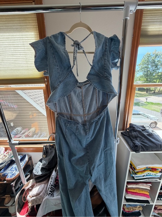 We The Free Pants - We The Free Light Blue Denim Ruffle-Back Tie Jumpsuit